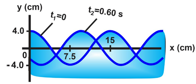 Graph showing a sinusoidal wave on water at t1=0 and t2=0.60s, with wave height and distance labeled.