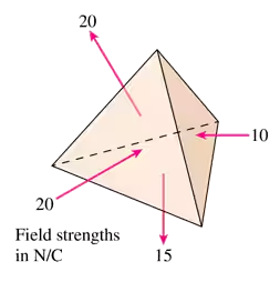 Tetrahedron with labeled electric field strengths: 20, 20, 15, and 10 N/C on its faces, illustrating Gauss' Law.