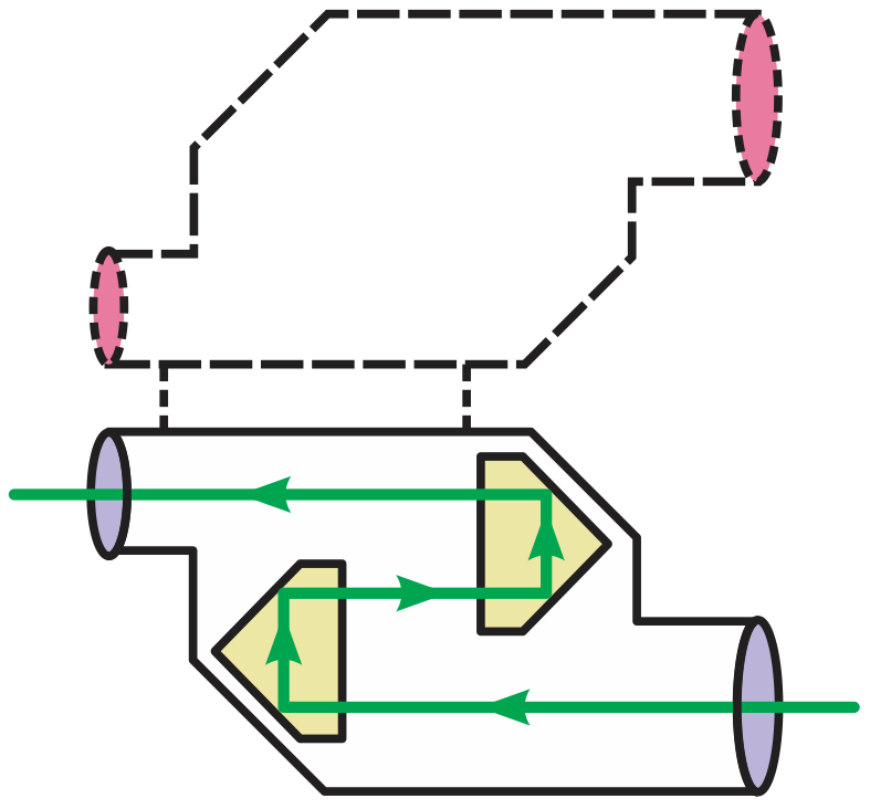 Diagram of a triangular prism illustrating light refraction and internal reflection for optics study.