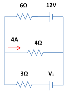 Circuit diagram with resistors of 6Ω, 4Ω, 3Ω, two voltage sources, and a 4A current indicated.