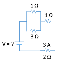 Circuit diagram showing resistors of 1Ω, 3Ω, 1Ω, and 2Ω with a 3A current and unknown battery voltage.