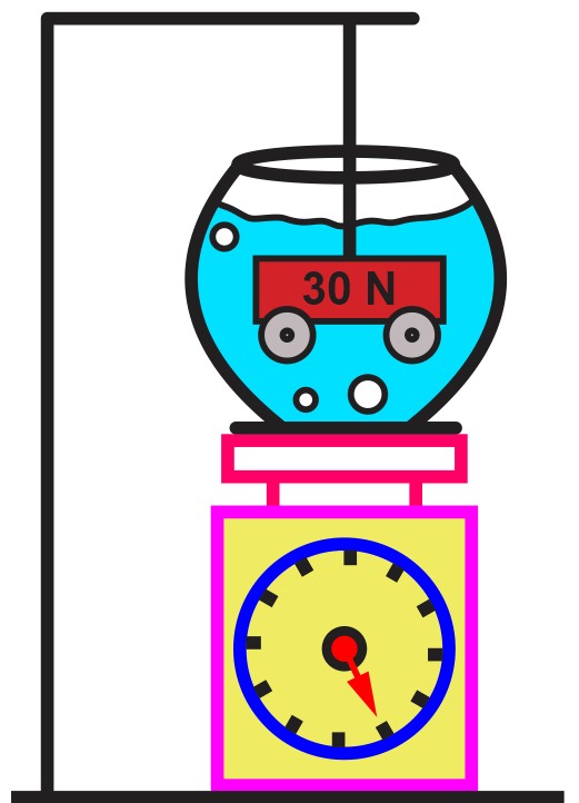 A fish tank on a scale showing a 30 N toy suspended in water for buoyancy analysis.