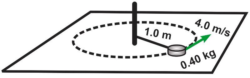 Diagram showing a 0.40 kg puck moving in a circle with a radius of 1.0 m at 4.0 m/s.