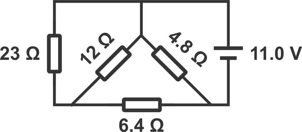 Circuit diagram showing resistors R1, R2, R3, R4 connected to an 11.0 V battery.