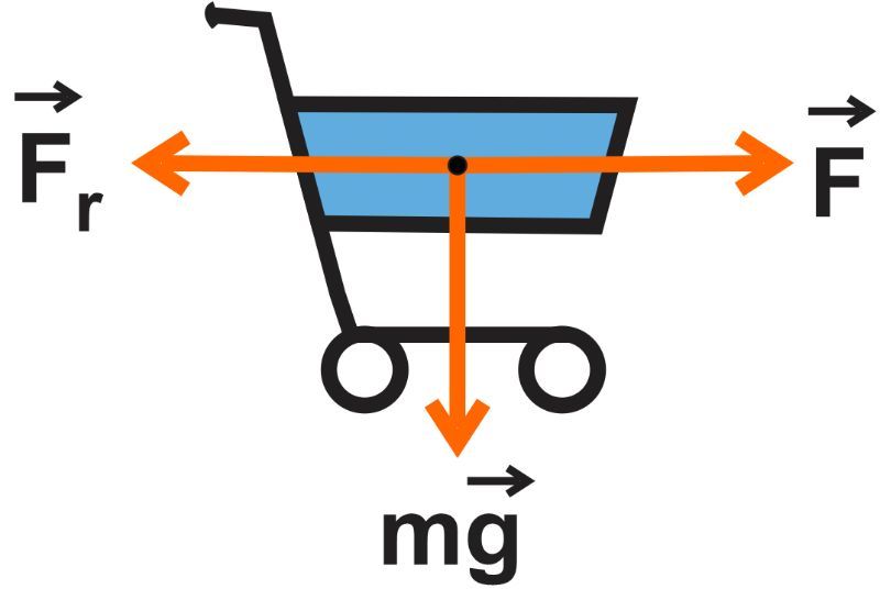 Free-body diagram of a cart showing forces F, Fr, and weight mg acting downwards.