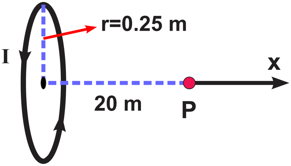 Diagram showing a circular loop with radius 0.25 m and point P along its axis for magnetic field calculations.