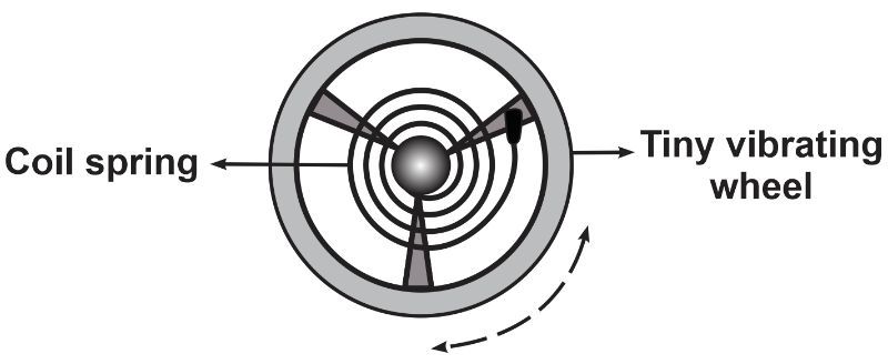 Diagram of a pendulum wheel and coil spring illustrating simple harmonic motion.