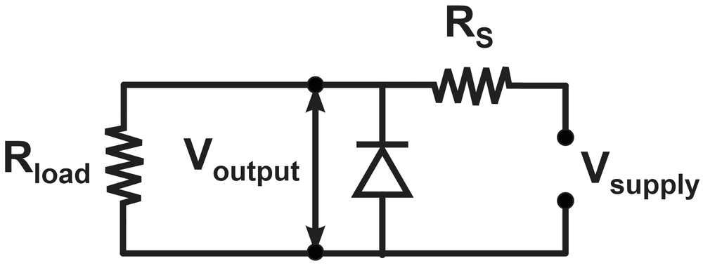 Circuit diagram showing a zener diode voltage regulator with resistors and voltage labels.