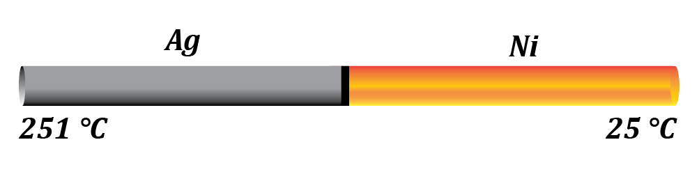 Illustration of two cylinders, silver at 251°C and nickel at 25°C, for heat transfer analysis.