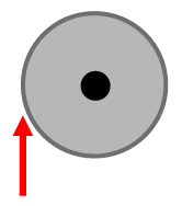 Diagram of a solid disc with radius and mass, showing a tangential force applied to make it spin about its center.