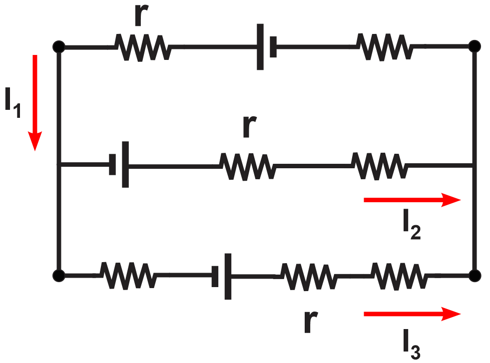 Circuit diagram showing three batteries and resistors with labeled currents I₁, I₂, and I₃.