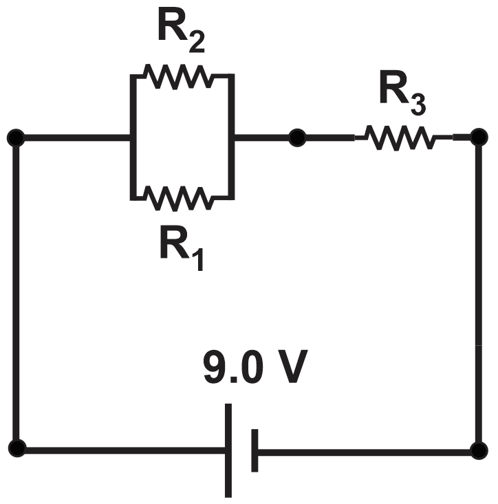 Circuit diagram showing R1, R2, R3 with values 20Ω, 15Ω, 10Ω and a 9V battery.