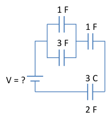 Circuit diagram showing capacitors with values 1F, 3F, 1F, 3C, and 2F connected to a battery with unknown voltage.