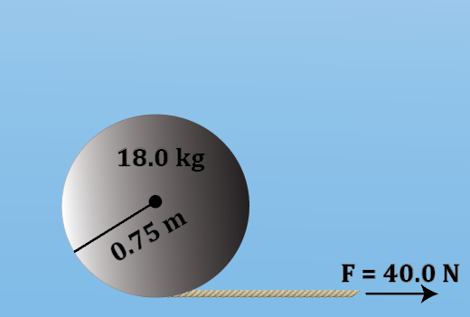 An aluminum disk with mass 18.0 kg and radius 0.75 m on a frictionless surface, with a force of 40.0 N applied.