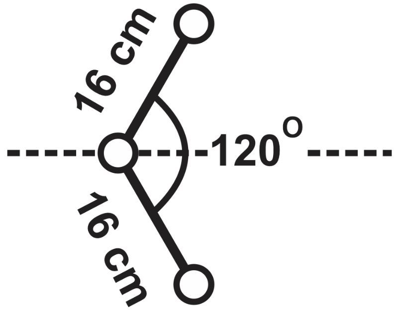 Diagram of a boomerang with three metal balls, showing dimensions and angle for moment of inertia calculation.