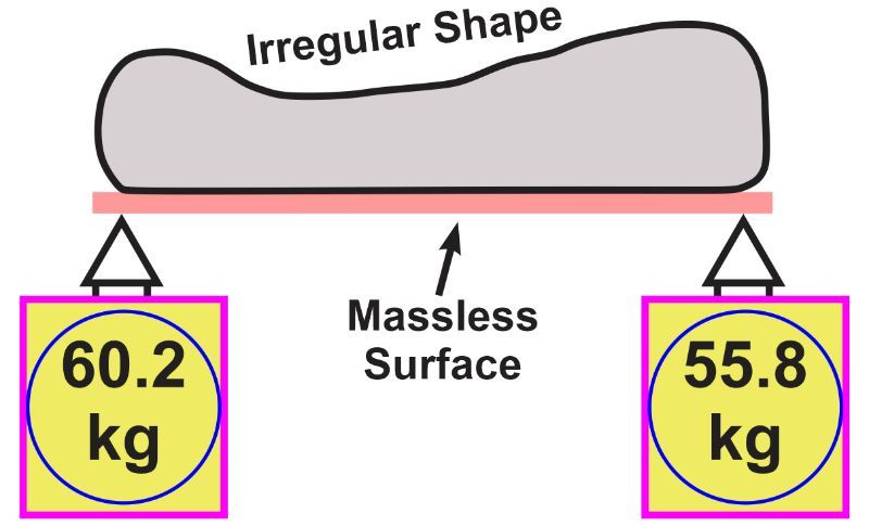 An irregular object on a massless surface with scales showing 60.2 kg and 55.8 kg readings.