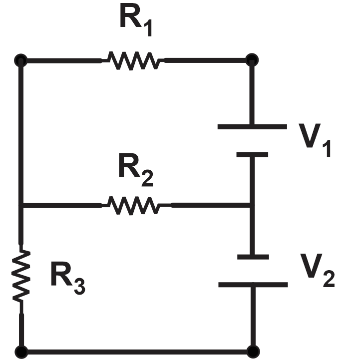 Circuit diagram showing resistors R1, R2, R3 connected to voltage sources V1 and V2.