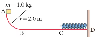 Diagram of a frictionless track with a 1.0 kg block at point A, a spring at point D, and distances labeled.