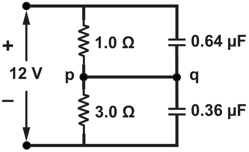 Circuit diagram showing resistors and capacitors connected to a 12V source for calculating time constant.