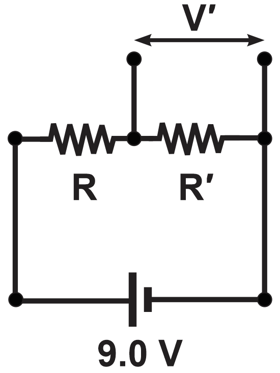 Circuit diagram showing resistors R and R' with a 9.0 V power source for LED voltage calculations.