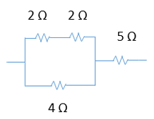 Circuit diagram showing resistors of 2Ω and 2Ω in series, 4Ω in parallel, and a 5Ω resistor in series.