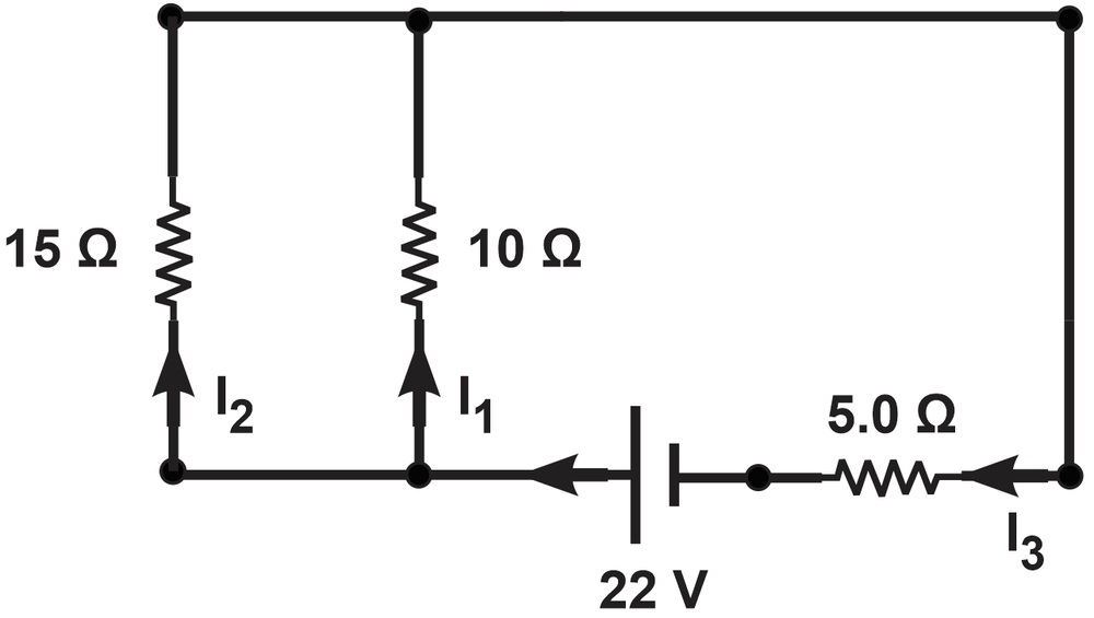 Circuit diagram showing two parallel resistors of 10 Ω and 15 Ω, and a series resistor of 5.0 Ω connected to a 22 V battery.