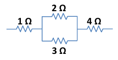 Circuit diagram showing resistors of 1Ω, 2Ω, 3Ω, and 4Ω connected in series and parallel combinations.
