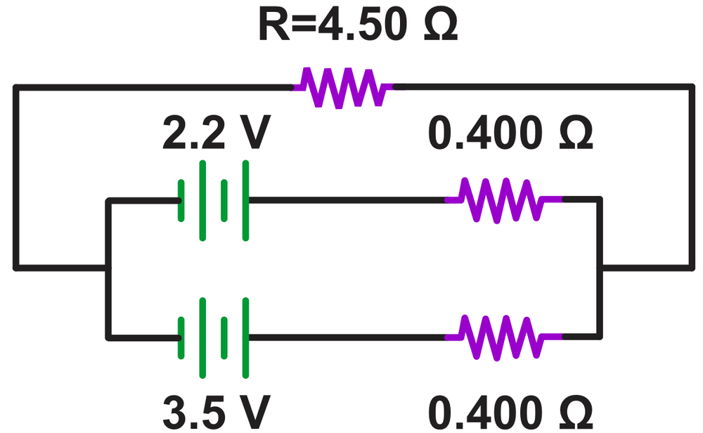 Circuit diagram showing two batteries with voltages 2.2V and 3.5V, internal resistances, and a resistor R=4.50Ω.