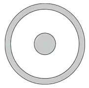 Cross section of two concentric spheres: inner sphere with negative charge, outer sphere with larger positive charge.