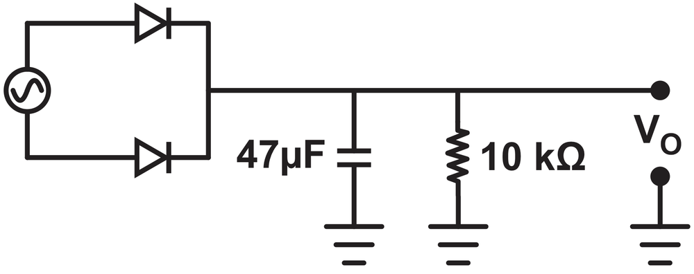 Schematic of a full-wave bridge rectifier circuit with a 47µF capacitor and 10 kΩ load.