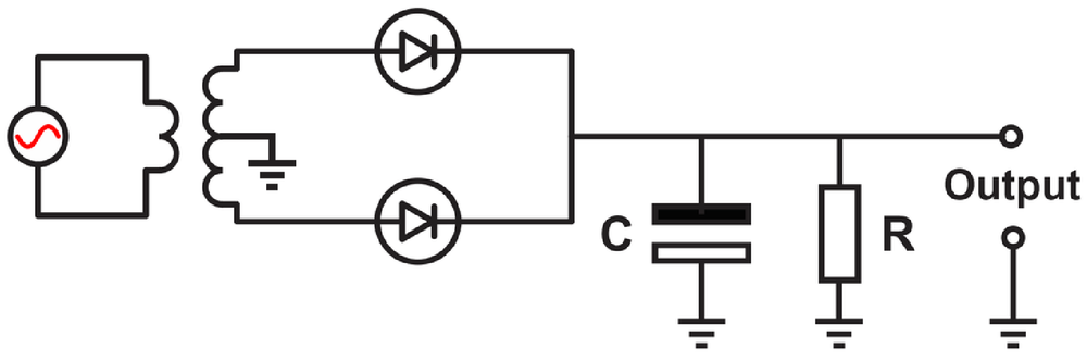 Diagram of a full-wave rectifier circuit with an AC source, capacitors, and load resistor.