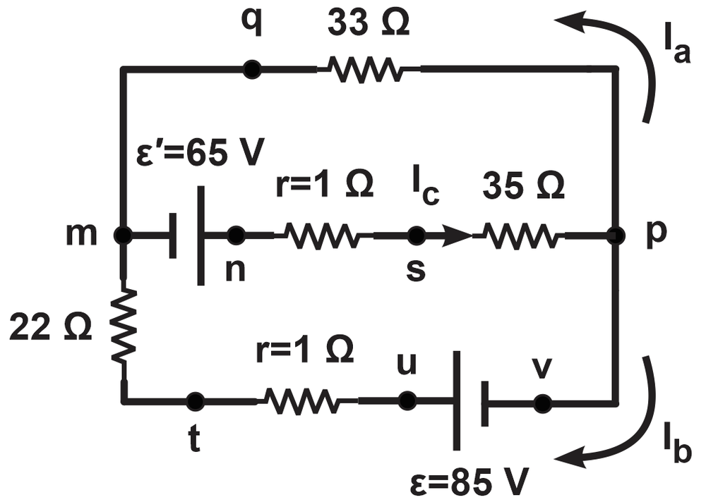 Circuit diagram showing resistors and voltage sources for solving resistor circuits in physics.