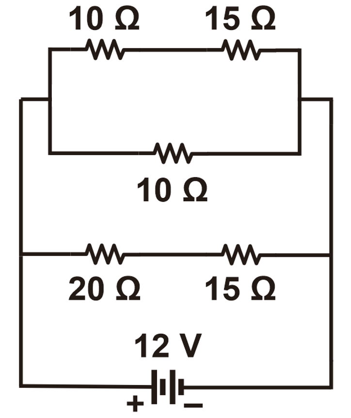 Circuit diagram with resistors arranged in a combination of series and parallel with a 12V battery.