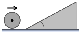 A hollow sphere rolling towards a 37° incline on a horizontal surface, illustrating rotational dynamics.