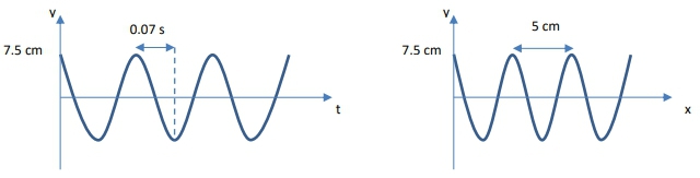 Graph of a wave function over time showing amplitude of 7.5 cm and period of 0.07 s.