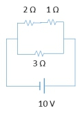 Circuit diagram showing resistors of 2Ω, 1Ω, and 3Ω connected to a 10V source.