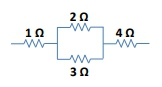 Circuit diagram showing resistors of 1Ω, 2Ω, 3Ω, and 4Ω for calculating equivalent resistance.