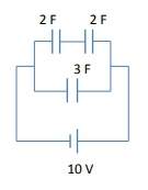 Circuit diagram showing capacitors with values 2F, 2F, and 3F connected to a 10V source.