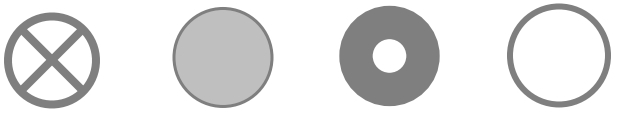 Four circular objects with varying mass distributions, used to compare moment of inertia in physics.