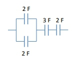 Circuit diagram showing capacitors of 2F, 3F, and 2F arranged in series and parallel.