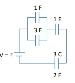 Circuit diagram showing capacitors with a question about the battery voltage.