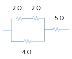 Circuit diagram showing resistors of 2Ω, 2Ω, 4Ω, and 5Ω for calculating equivalent resistance.