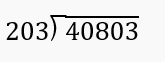 Long division problem showing 40803 divided by 203 with a hint to use the first 3 or 4 digits of the dividend.