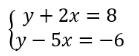 Image showing a system of two linear equations: y + 2x = 8 and y - 5x = -6.