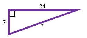 Right triangle with legs 7 and 24 units, and a hypotenuse labeled with a question mark.