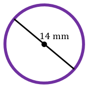 Purple circle with a 14 mm diameter line and instruction to find the area using π as 22/7 and simplify.