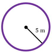 Purple circle with a 5-meter radius and instructions to find its area using π as 22/7 and simplify.