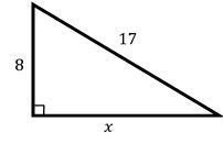 Right triangle with legs labeled 8 and x, and hypotenuse labeled 17, asking to find the missing side x.