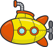 Yellow and orange submarine with two round windows and a propeller at the back.