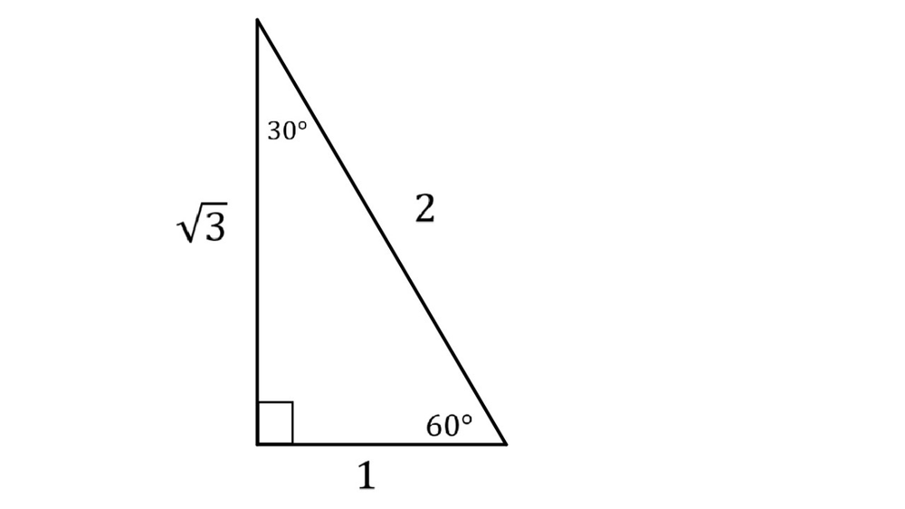 Diagram of a right triangle with angles 30° and 60°, and sides labeled 1, 2, and √3.